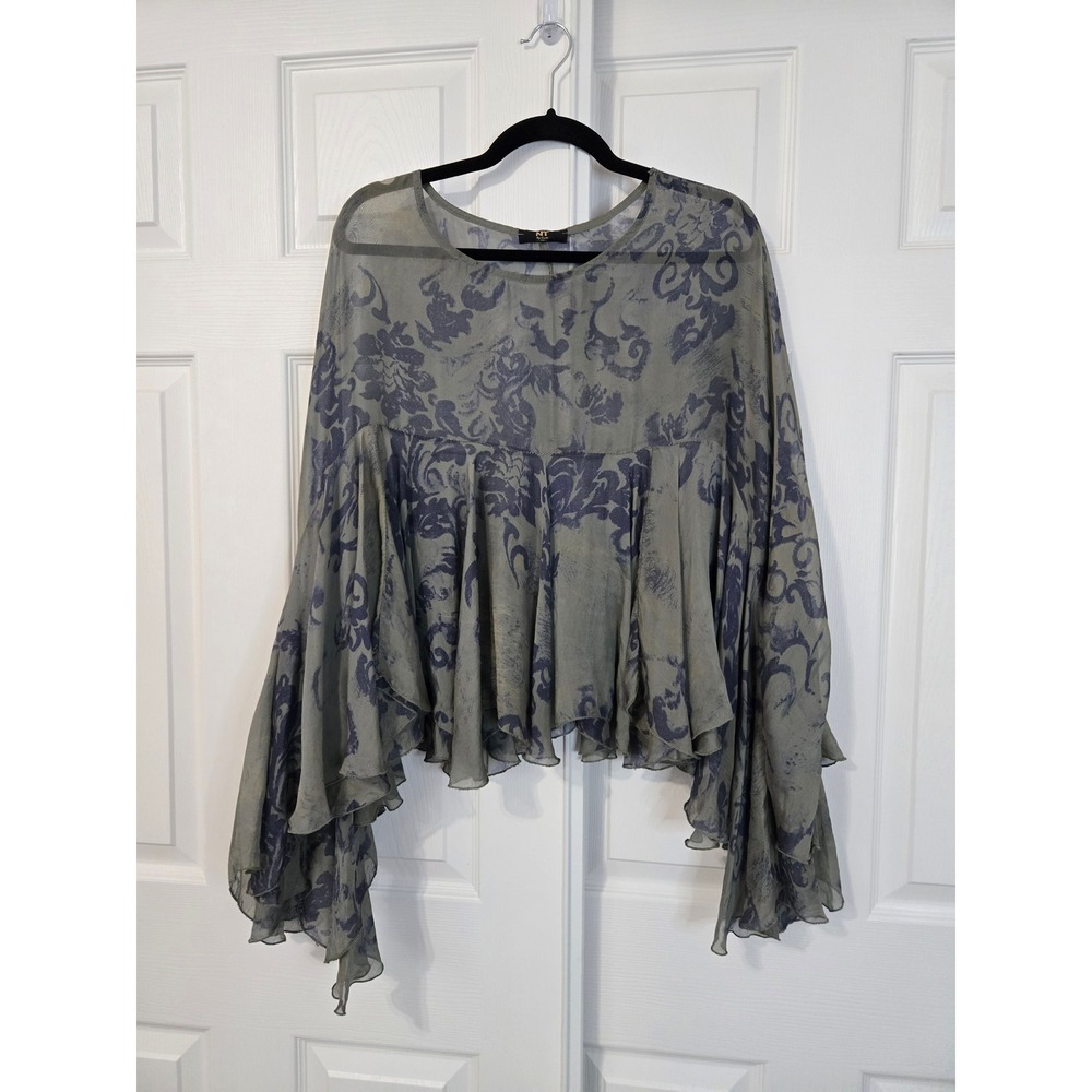 NT By Amati Italy Sheer Olive Green Damask Floral Ruffle Bell Sleeve Blouse OS